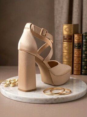 Block Heel Satin Platform Shoes With Cross-Strap Design Elegant Champagne Evenin